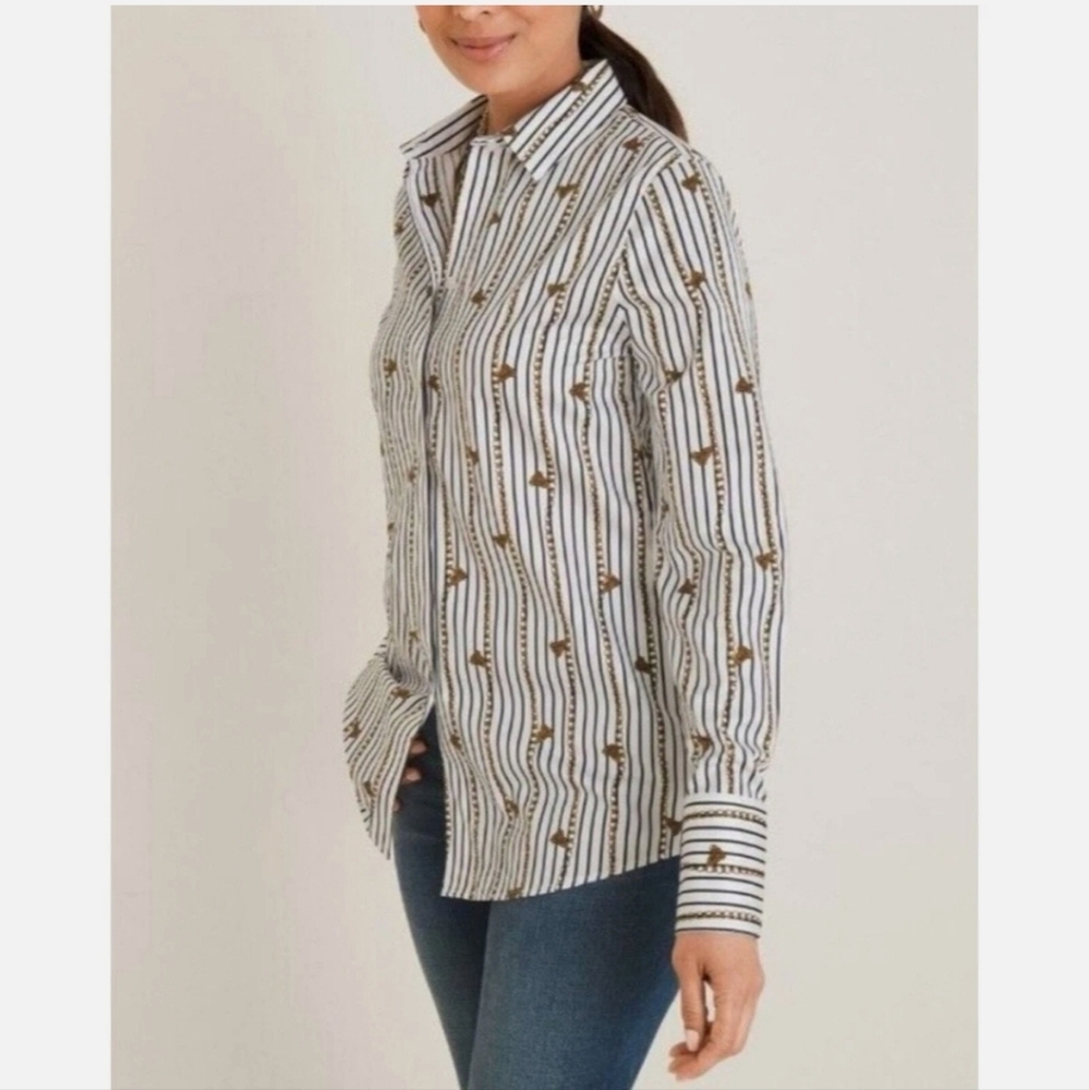 Chico’s Sateen No Iron Tassel Chain Print Striped Long Sleeve Shirt Size 8/10